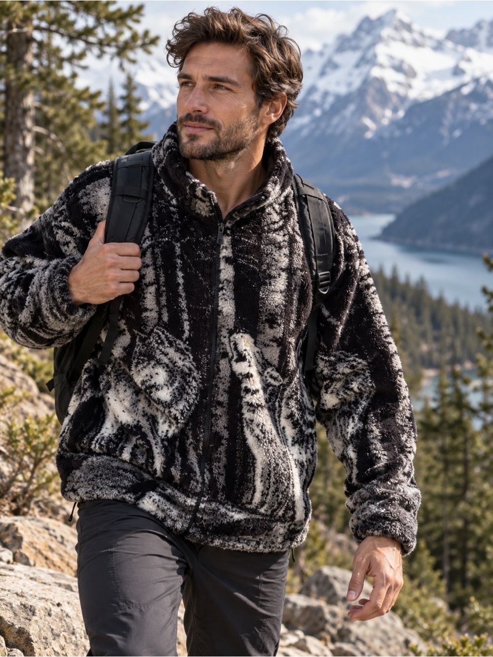 Vintage Wolf Print Sherpa Fleece Jacket Black & Grey Full Zip Outdoors